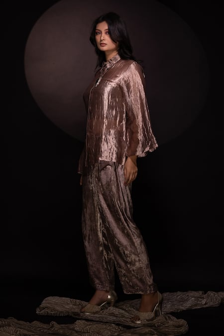 Buy Chambray & CO. Gold Silk, Velvet Collared Textured Shirt And Pant Set Online at Aza Fashions Buy_Chambray & CO._Gold Silk, Velvet Collared Textured Shirt And Pant Set _Online_at_Aza_Fashions
