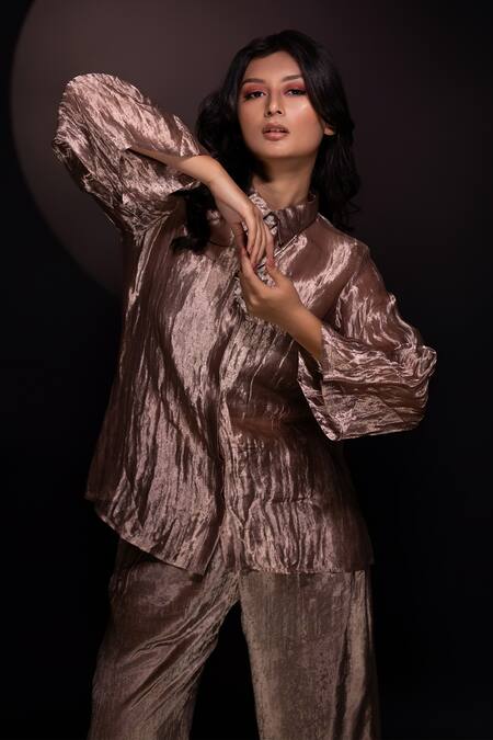 Shop Chambray & CO. Gold Silk, Velvet Collared Textured Shirt And Pant Set Online at Aza Fashions Shop_Chambray & CO._Gold Silk, Velvet Collared Textured Shirt And Pant Set _Online_at_Aza_Fashions