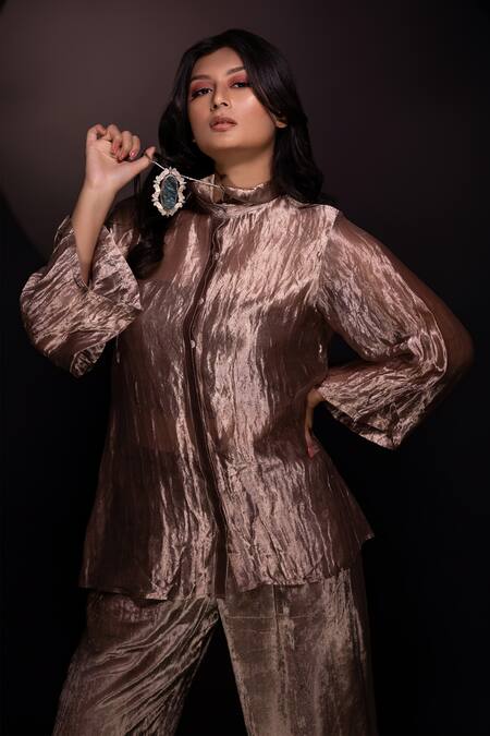 Chambray & CO. Gold Silk, Velvet Collared Textured Shirt And Pant Set at Aza Fashions Chambray & CO._Gold Silk, Velvet Collared Textured Shirt And Pant Set _at_Aza_Fashions