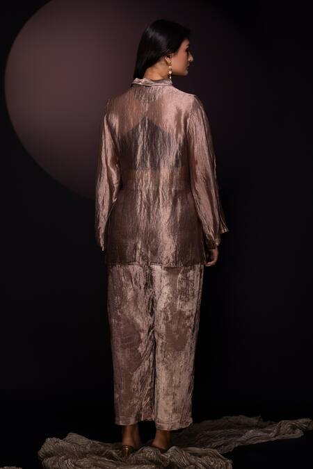 Buy Chambray & CO. Gold Silk, Velvet Collared Textured Shirt And Pant Set Buy_Chambray & CO._Gold Silk, Velvet Collared Textured Shirt And Pant Set
