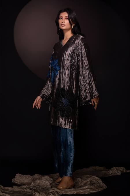 Buy Chambray & CO. Silver Silk, Velvet Applique V-neck Gunmetal Floral Tunic Set Online at Aza Fashions Buy_Chambray & CO._Silver Silk, Velvet Applique V-neck Gunmetal Floral Tunic Set _Online_at_Aza_Fashions