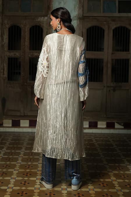 Shop_Chambray & CO._Silver Satin, Silk, Applique, Beads Round Neck Floral Kurta Set _at_Aza_Fashions