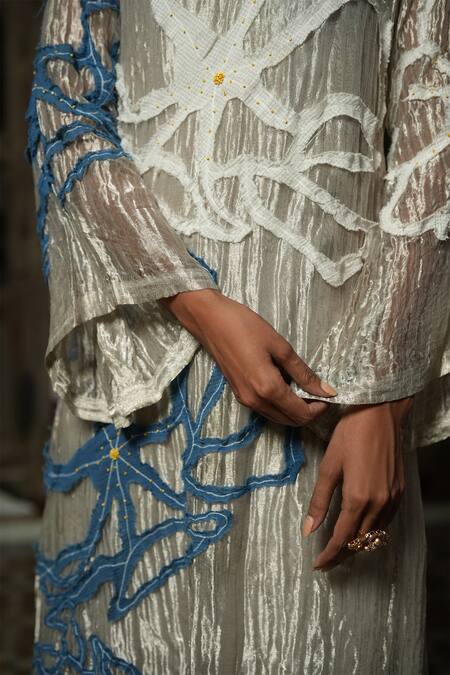 Shop_Chambray & CO._Silver Satin, Silk, Applique, Beads Round Neck Floral Kurta Set _Online_at_Aza_Fashions