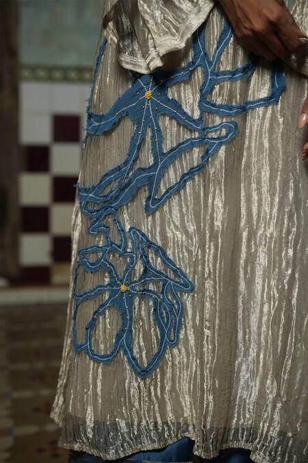 Chambray & CO._Silver Satin, Silk, Applique, Beads Round Neck Floral Kurta Set _at_Aza_Fashions