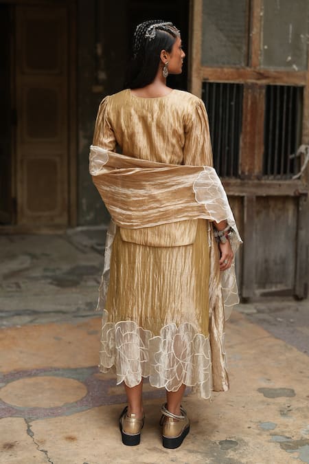 Shop_Chambray & CO._Gold Silk Embroidery, Applique V-neck Floral Tunic And Skirt Set _at_Aza_Fashions