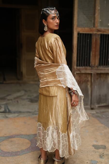 Chambray & CO._Gold Silk Embroidery, Applique V-neck Floral Tunic And Skirt Set _at_Aza_Fashions