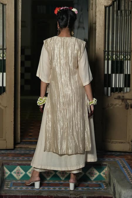 Shop_Chambray & CO._Silver Silk, Linen Embroidery, Applique Round Bloom Overlay With Midi Dress _at_Aza_Fashions