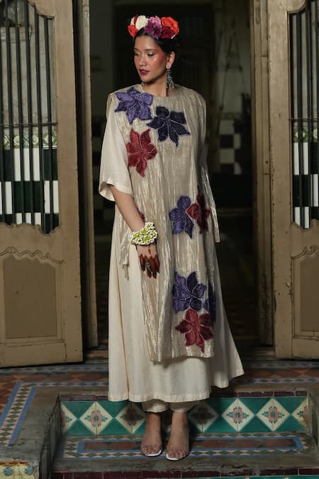 Chambray & CO._Silver Silk, Linen Embroidery, Applique Round Bloom Overlay With Midi Dress _Online_at_Aza_Fashions