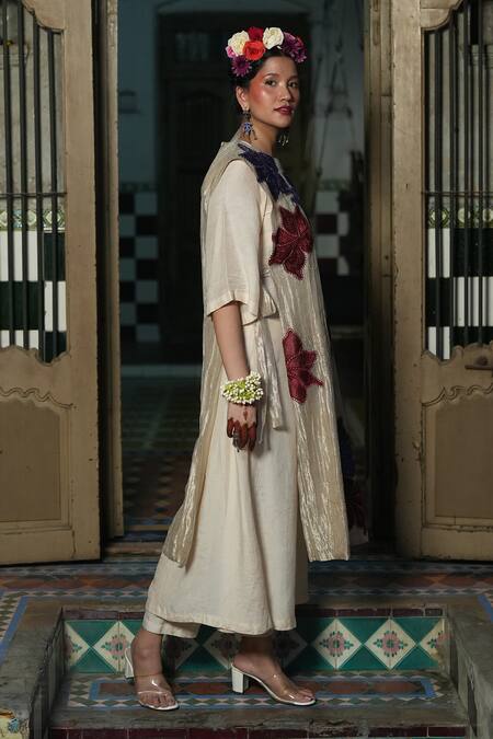 Shop_Chambray & CO._Silver Silk, Linen Embroidery, Applique Round Bloom Overlay With Midi Dress _Online_at_Aza_Fashions