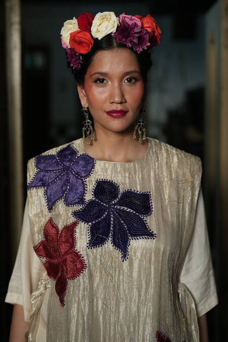 Chambray & CO._Silver Silk, Linen Embroidery, Applique Round Bloom Overlay With Midi Dress _at_Aza_Fashions