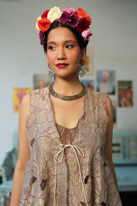 Chambray & CO._Beige Silk, Brocade Cut Work V-neck Bloom Embroidered Jacket And Anarkali Set _Online_at_Aza_Fashions