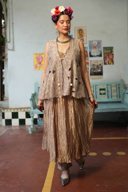 Buy_Chambray & CO._Beige Silk, Brocade Cut Work V-neck Bloom Embroidered Jacket And Anarkali Set _Online_at_Aza_Fashions