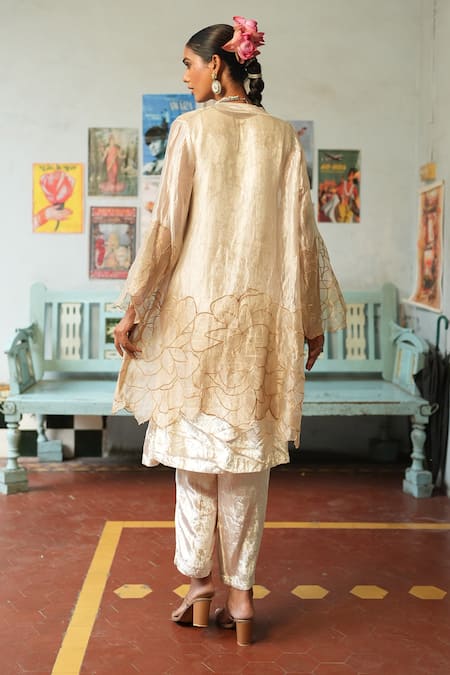 Shop_Chambray & CO._Beige Silk, Velvet Embroidery Round Neck Silver Resham Jacket And Pant Set _at_Aza_Fashions