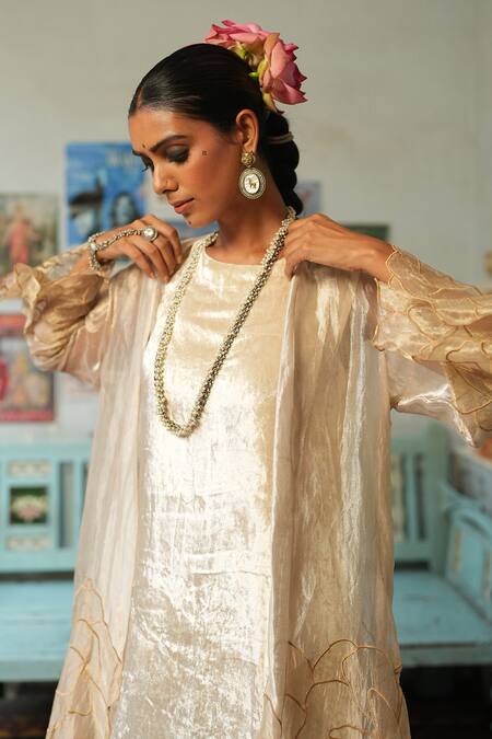 Buy_Chambray & CO._Beige Silk, Velvet Embroidery Round Neck Silver Resham Jacket And Pant Set _Online_at_Aza_Fashions