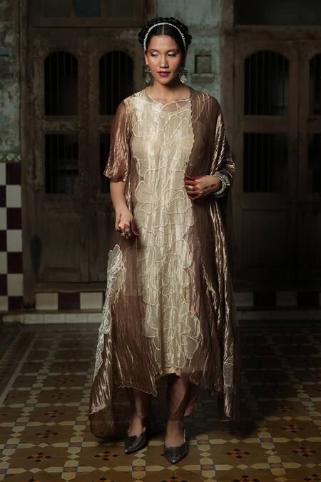 Chambray & CO._Beige Cotton, Silk Embroidery Round Neck And Silver Resham Kurta Set _Online_at_Aza_Fashions