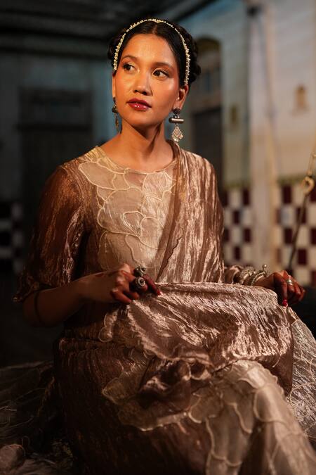 Shop_Chambray & CO._Beige Cotton, Silk Embroidery Round Neck And Silver Resham Kurta Set _Online_at_Aza_Fashions