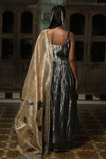 Shop_Chambray & CO._Silver Cotton, Silk Embroidery Square Neck Crushed Anarkali And Sharara Set _at_Aza_Fashions