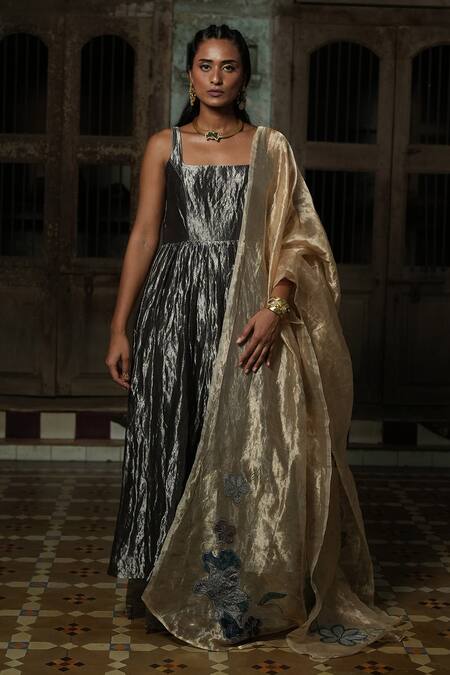 Chambray & CO._Silver Cotton, Silk Embroidery Square Neck Crushed Anarkali And Sharara Set _Online_at_Aza_Fashions