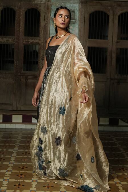 Buy_Chambray & CO._Silver Cotton, Silk Embroidery Square Neck Crushed Anarkali And Sharara Set _Online_at_Aza_Fashions