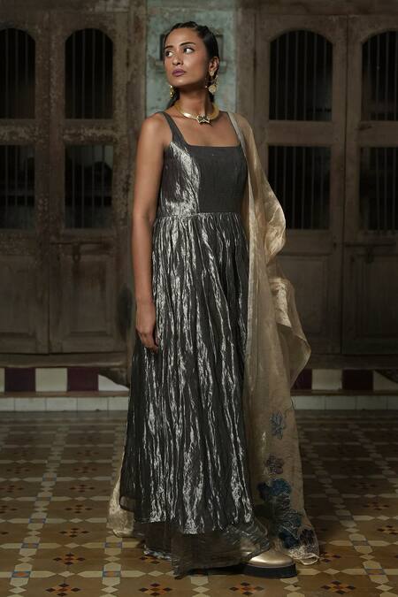 Shop_Chambray & CO._Silver Cotton, Silk Embroidery Square Neck Crushed Anarkali And Sharara Set _Online_at_Aza_Fashions