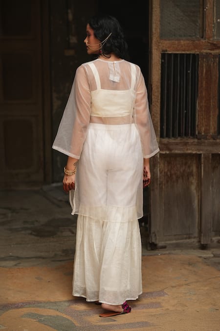 Shop_Chambray & CO._Ivory Silk Organza Embroidery Round Neck Resham Overlay And Sharara Set _at_Aza_Fashions