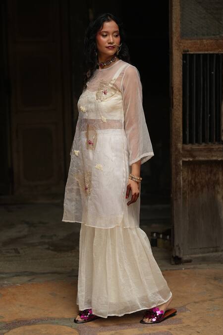 Chambray & CO._Ivory Silk Organza Embroidery Round Neck Resham Overlay And Sharara Set _Online_at_Aza_Fashions