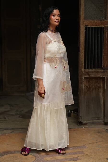 Buy_Chambray & CO._Ivory Silk Organza Embroidery Round Neck Resham Overlay And Sharara Set _Online_at_Aza_Fashions