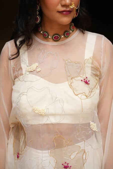 Shop_Chambray & CO._Ivory Silk Organza Embroidery Round Neck Resham Overlay And Sharara Set _Online_at_Aza_Fashions