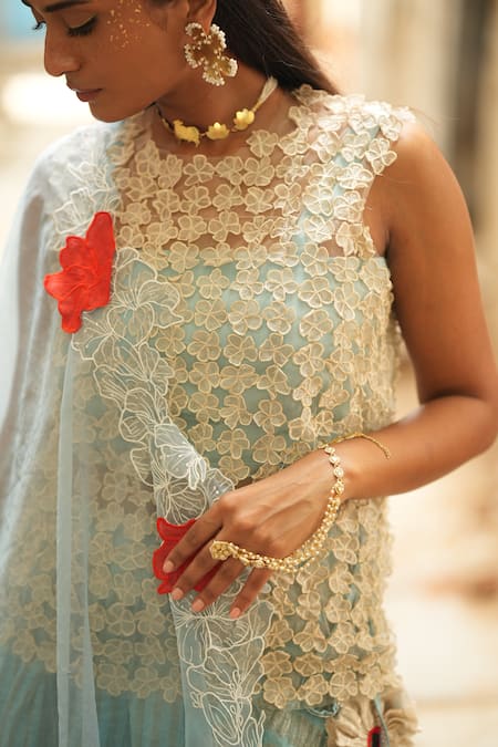 Shop_Chambray & CO._Ivory Cotton, Silk, Organza Embroidery, Applique Cutwork Bloom Overlay Set _Online_at_Aza_Fashions