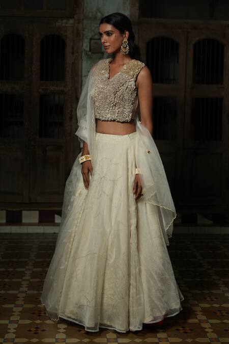 Chambray & CO._Ivory Cotton, Silk Organza Embroidery V-neck 3d Bloom Lehenga Set _Online_at_Aza_Fashions