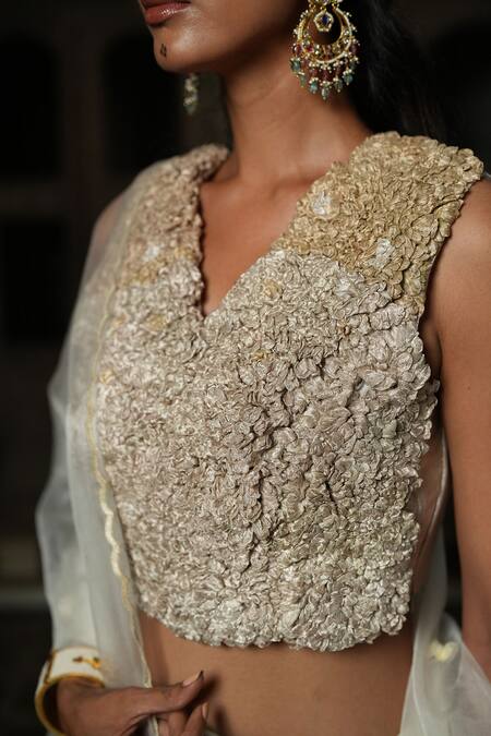 Chambray & CO._Ivory Cotton, Silk Organza Embroidery V-neck 3d Bloom Lehenga Set _at_Aza_Fashions