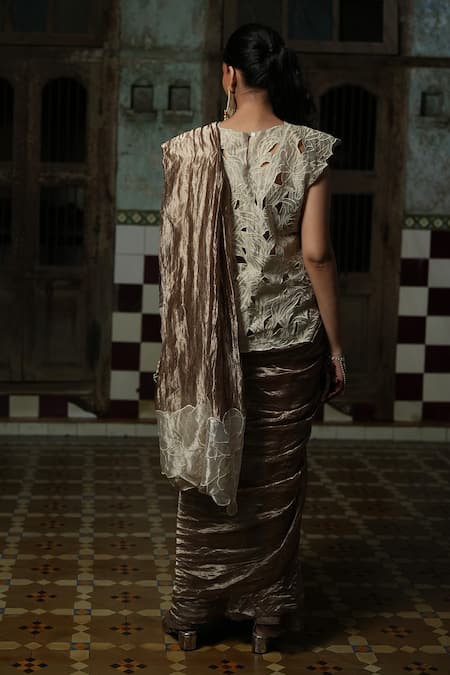 Shop_Chambray & CO._Ivory Silk Cut Work, Embroidery Boat Neck Florin Cutwork Overlay And Saree Set _at_Aza_Fashions