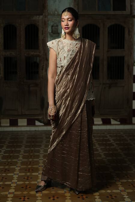 Chambray & CO._Ivory Silk Cut Work, Embroidery Boat Neck Florin Cutwork Overlay And Saree Set _Online_at_Aza_Fashions