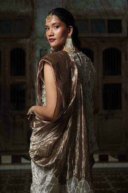 Buy_Chambray & CO._Ivory Silk Cut Work, Embroidery Boat Neck Florin Cutwork Overlay And Saree Set _Online_at_Aza_Fashions