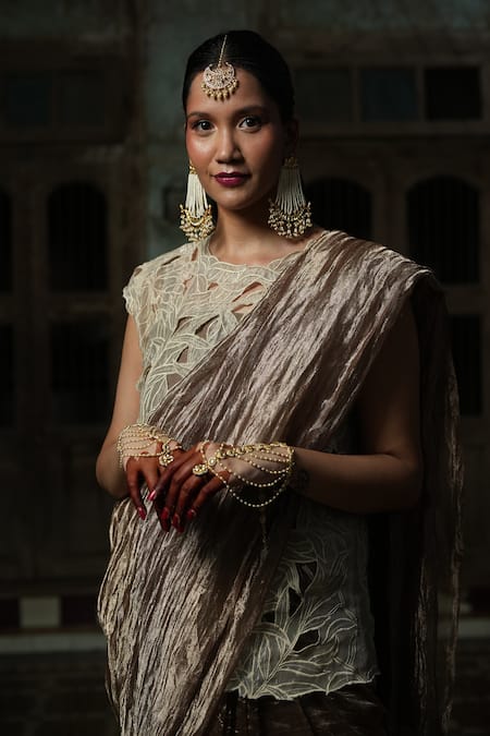 Shop_Chambray & CO._Ivory Silk Cut Work, Embroidery Boat Neck Florin Cutwork Overlay And Saree Set _Online_at_Aza_Fashions