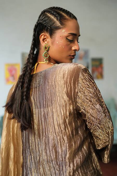 Buy_Chambray & CO._Beige Silk, Tissue Patchwork, Embroidery Open Neck Resham Overlay And Saree Set _Online_at_Aza_Fashions