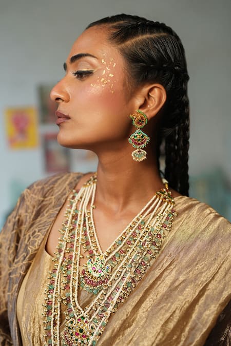 Shop_Chambray & CO._Beige Silk, Tissue Patchwork, Embroidery Open Neck Resham Overlay And Saree Set _Online_at_Aza_Fashions