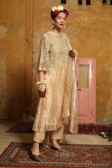 Shop_Chambray & CO._Gold Silk Embroidery Round Neck Kurta Pant Set _at_Aza_Fashions