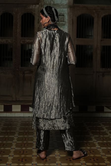 Shop_Chambray & CO._Black Silk, Velvet, Tissue Embroidery Flora Patchwork Overlay Dress And Pant Set _at_Aza_Fashions