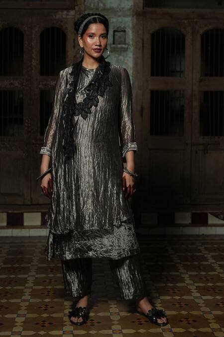 Chambray & CO._Black Silk, Velvet, Tissue Embroidery Flora Patchwork Overlay Dress And Pant Set _Online_at_Aza_Fashions