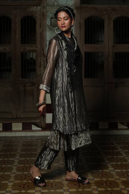Buy_Chambray & CO._Black Silk, Velvet, Tissue Embroidery Flora Patchwork Overlay Dress And Pant Set _Online_at_Aza_Fashions