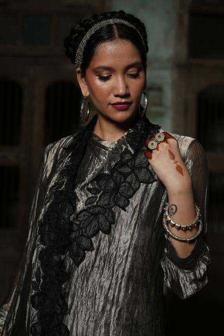 Shop_Chambray & CO._Black Silk, Velvet, Tissue Embroidery Flora Patchwork Overlay Dress And Pant Set _Online_at_Aza_Fashions