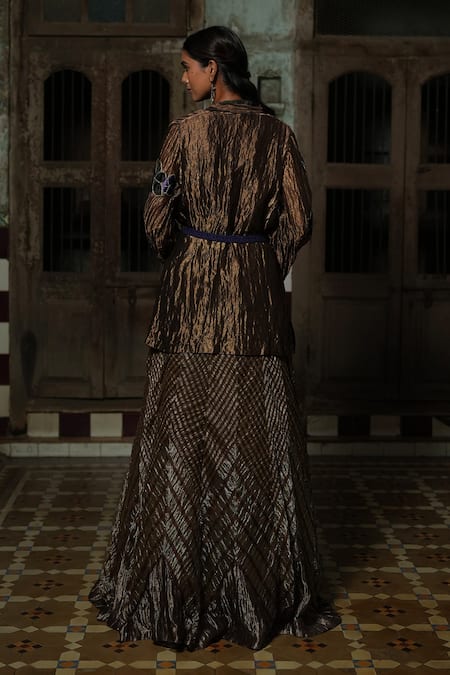 Shop_Chambray & CO._Brown Cotton, Silk Embroidery Open Neck Kasab Thread Overlay Jacket And Skirt Set _at_Aza_Fashions