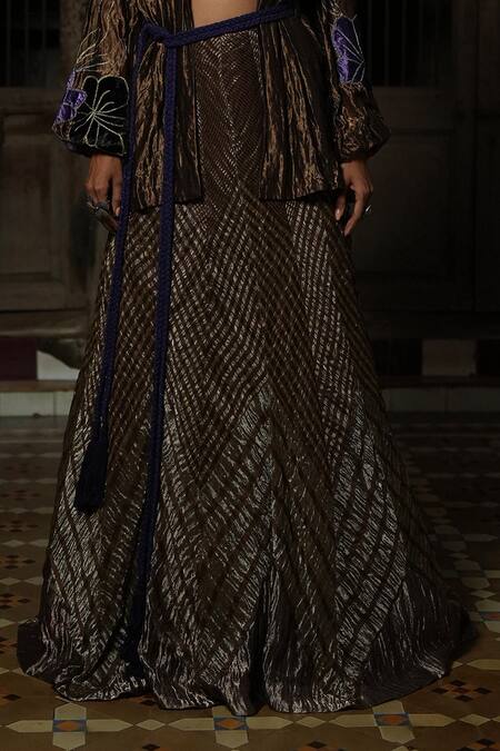 Chambray & CO. Brown Cotton, Silk Embroidery Open Neck Kasab Thread Overlay Jacket And Skirt Set Online at Aza Fashions Chambray & CO._Brown Cotton, Silk Embroidery Open Neck Kasab Thread Overlay Jacket And Skirt Set _Online_at_Aza_Fashions