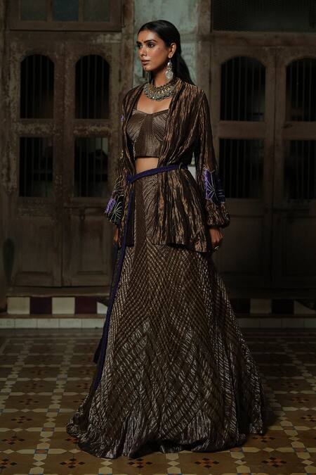 Buy_Chambray & CO._Brown Cotton, Silk Embroidery Open Neck Kasab Thread Overlay Jacket And Skirt Set _Online_at_Aza_Fashions