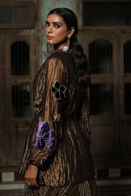 Shop_Chambray & CO._Brown Cotton, Silk Embroidery Open Neck Kasab Thread Overlay Jacket And Skirt Set _Online_at_Aza_Fashions