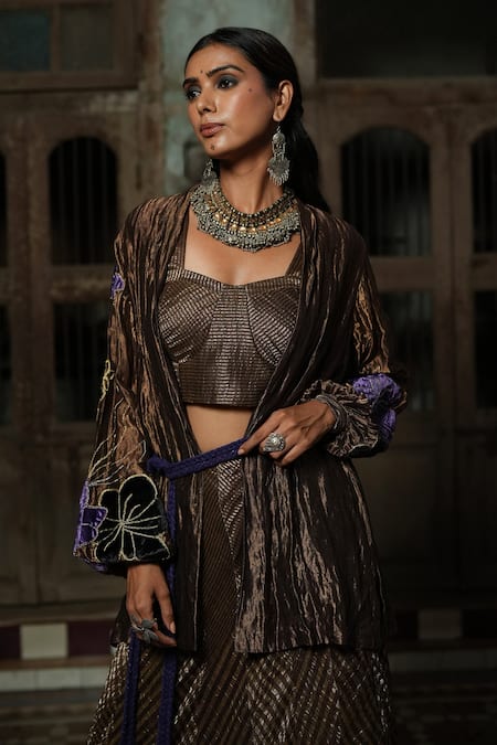 Chambray & CO._Brown Cotton, Silk Embroidery Open Neck Kasab Thread Overlay Jacket And Skirt Set _at_Aza_Fashions