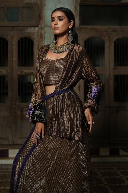 Buy_Chambray & CO._Brown Cotton, Silk Embroidery Open Neck Kasab Thread Overlay Jacket And Skirt Set 