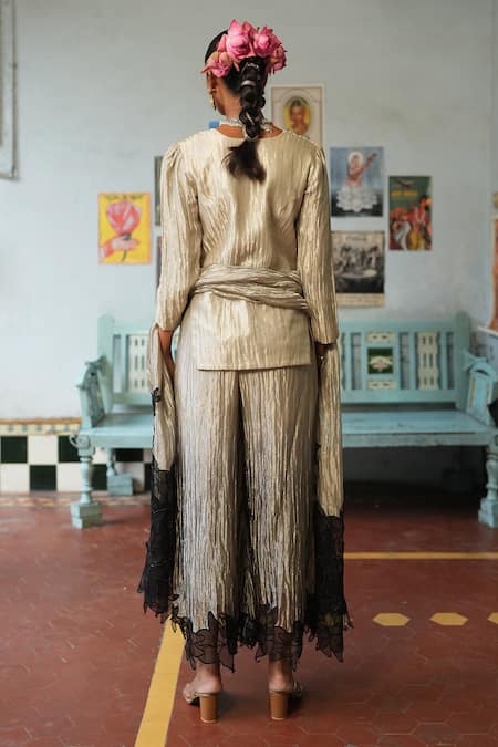 Shop_Chambray & CO._Silver Silk, Chiffon Embroidery Asymmetric Kurta And Palazzo Set _at_Aza_Fashions