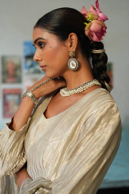Buy_Chambray & CO._Silver Silk, Chiffon Embroidery Asymmetric Kurta And Palazzo Set _Online_at_Aza_Fashions